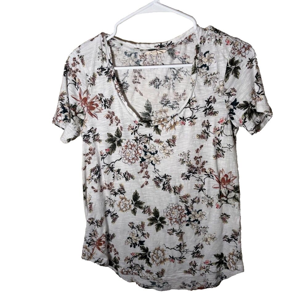 Lucky Brand T-Shirt Women's Small White Floral Short Sleeve Round Neck Boho Top